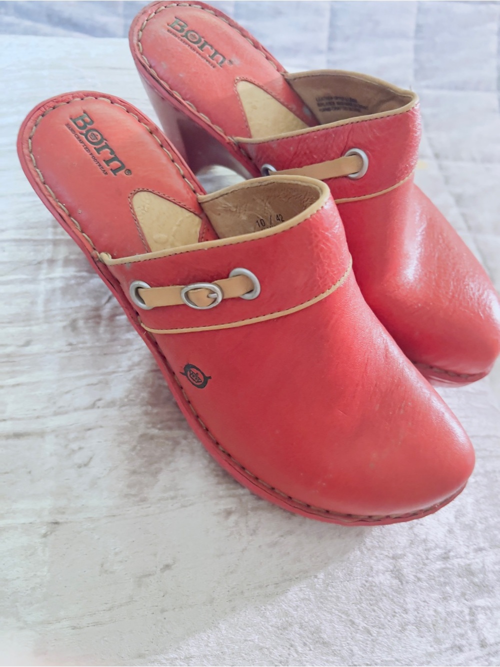 Born Coral-Red Leather Slip-On Clogs with Tan Trim